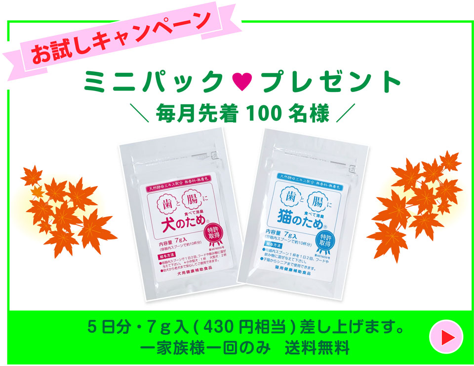 お試しキャンペーン『ミニパックプレゼント』 毎月先着100名様 5日分 7g入（430円相当）差し上げます。（一家族様一回のみ　送料無料）